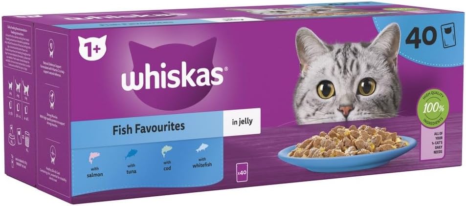 WHISKAS - 1+- Adult Wet Cat Food Pouches - 40 x 85 g - Fish in Jelly - Bulk Cat Food Megapack - 40 Pouches
