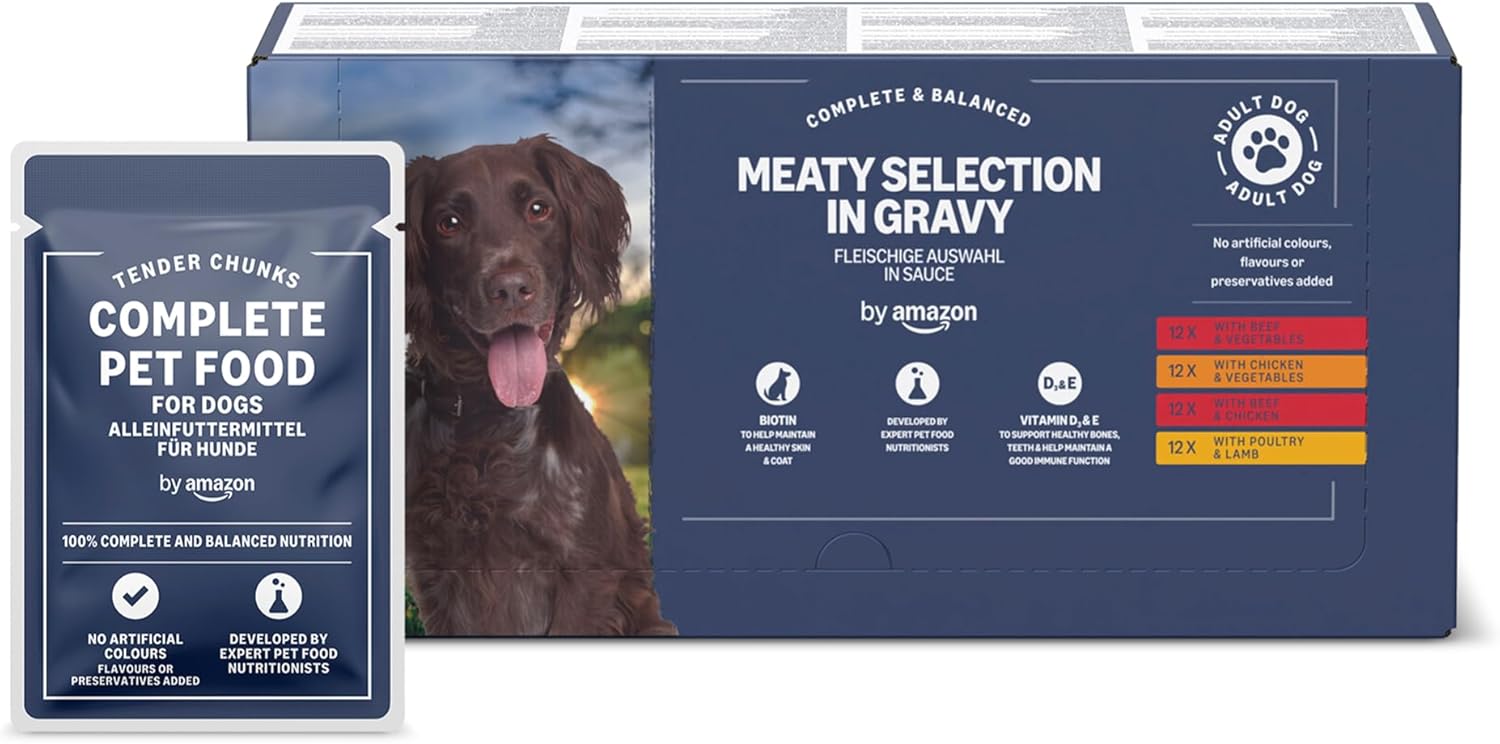 by Amazon Complete Wet Food for Adult Dogs, Meat Selection in Gravy, 4.8 kg (48 pouches of 100g)