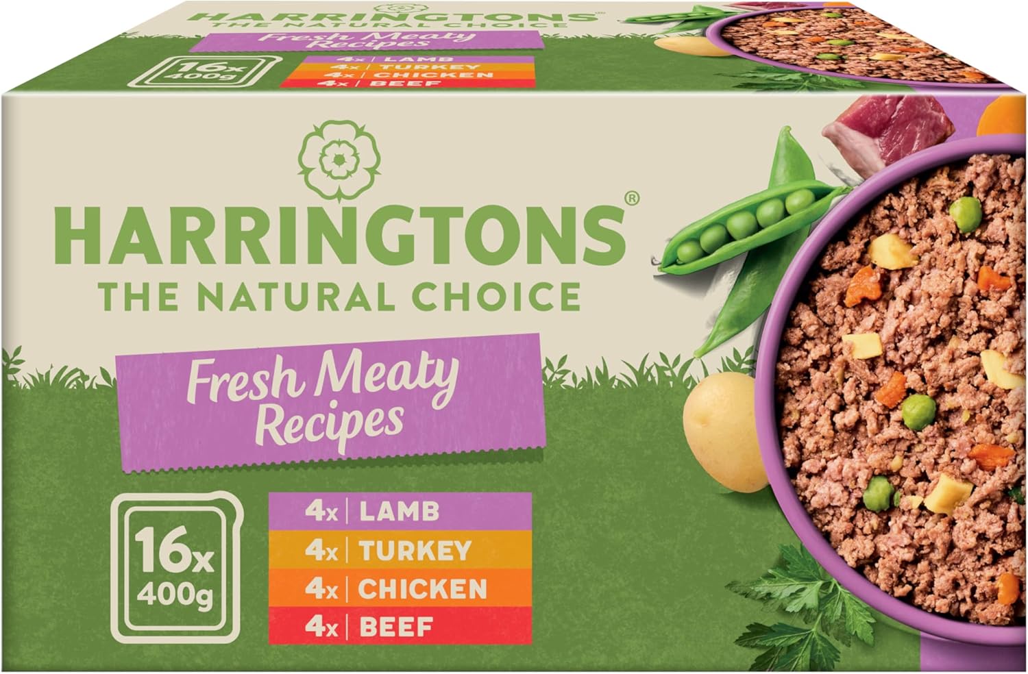 Harringtons Complete Wet Tray Grain Free Hypoallergenic Adult Dog Food Meaty Bumper Pack 16x400g - Chicken, Lamb, Beef & Turkey - Made with All Natural Ingredients (Package may vary)