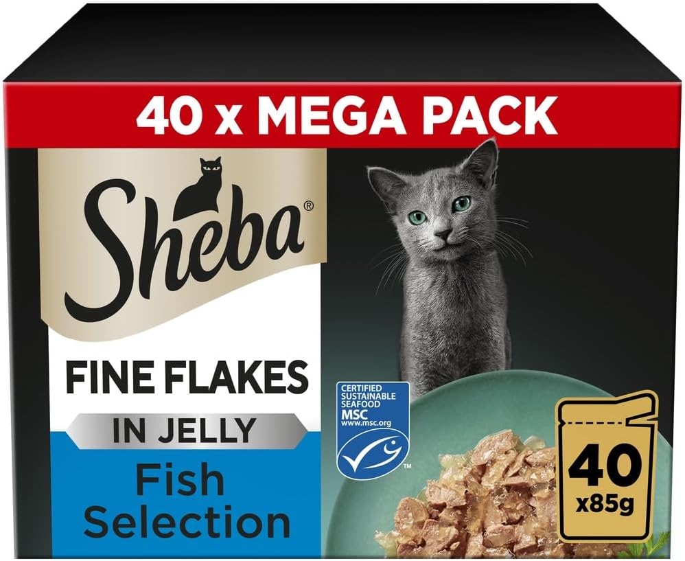 Sheba Fine Flakes in Jelly – Fish Collection – Wet cat food pouches for adult cats – 40x85g pack