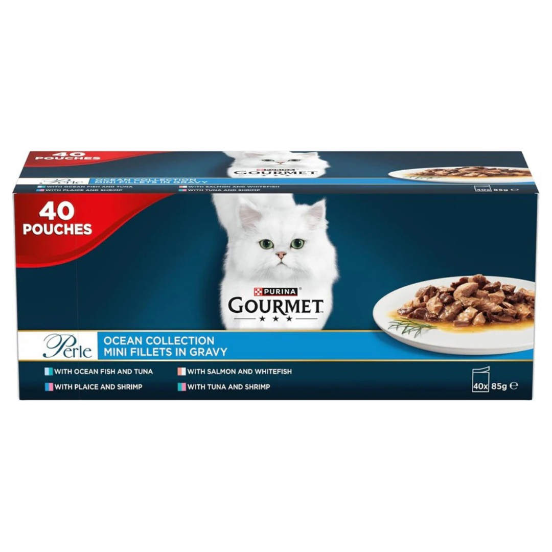 GOURMET Perle Ocean Collection Adult Wet Cat Food Mini Fillets in Gravy Tuna, Shrimp, Plaice, Salmon, White fish, Ocean Fish 40 x 85g Pouches