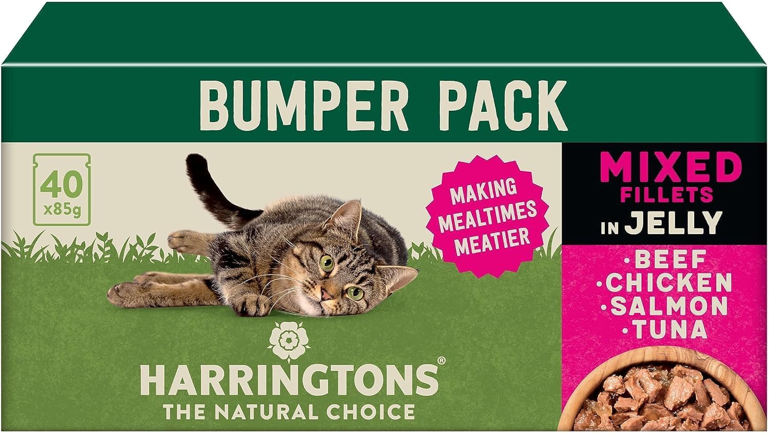 Harringtons Complete Wet Pouch Grain Free Hypoallergenic Adult Cat Food Mixed in Jelly Pack 40x85g - Beef, Chicken, Salmon & Tuna- Making Mealtimes Meatier