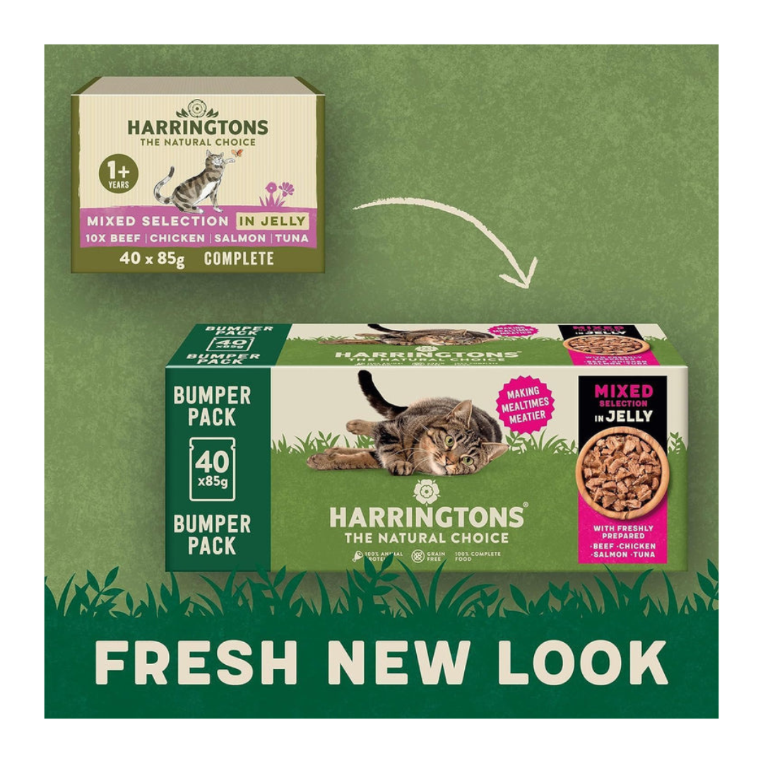 Harringtons Complete Wet Pouch Grain Free Hypoallergenic Adult Cat Food Mixed in Jelly Pack 40x85g - Beef, Chicken, Salmon & Tuna- Making Mealtimes Meatier