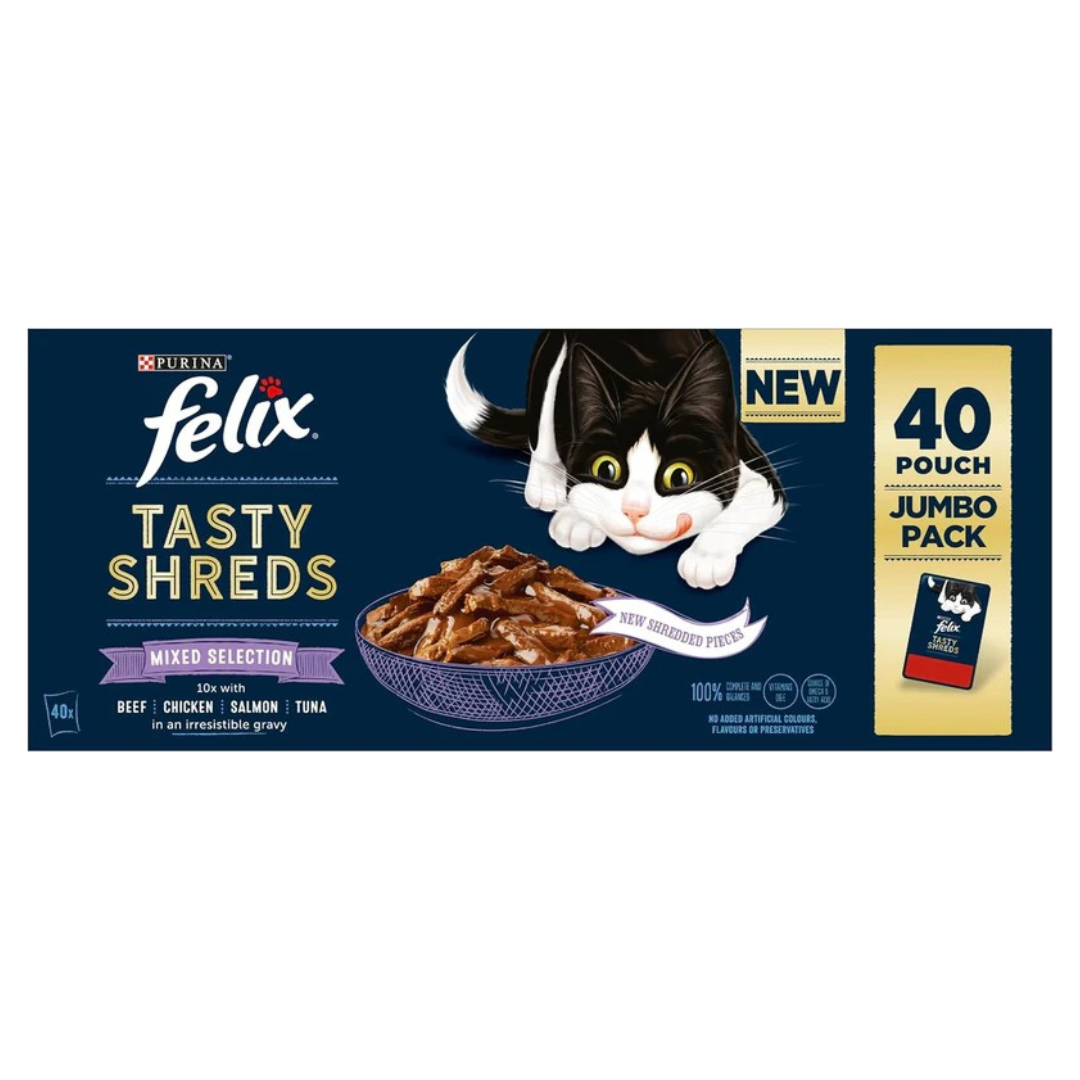 FELIX Tasty Shreds Adult Wet Cat Food Mixed Selection in Gravy Chicken, Beef, Tuna, Salmon 40 x 80g Pouches