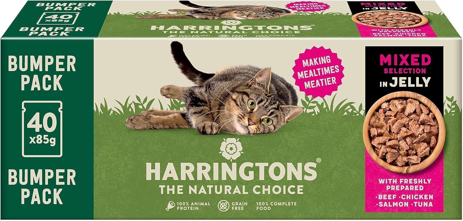 Harringtons Complete Wet Pouch Grain Free Hypoallergenic Adult Cat Food Mixed in Jelly Pack 40x85g - Beef, Chicken, Salmon & Tuna- Making Mealtimes Meatier
