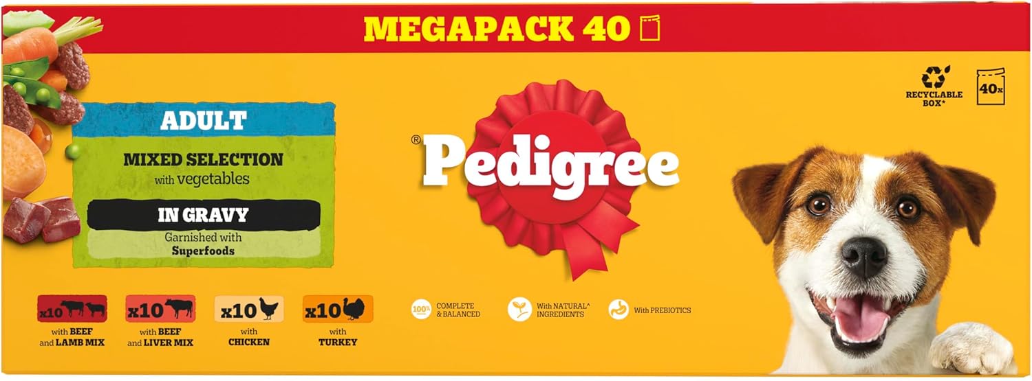 Pedigree Adult Dog Wet Food Pouch Mixed Selection in Gravy, 40x100g