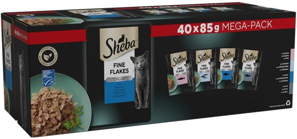 Sheba Fine Flakes in Jelly – Fish Collection – Wet cat food pouches for adult cats – 40x85g pack