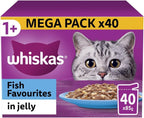 WHISKAS - 1+- Adult Wet Cat Food Pouches - 40 x 85 g - Fish in Jelly - Bulk Cat Food Megapack - 40 Pouches