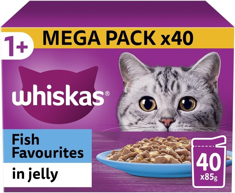 WHISKAS - 1+- Adult Wet Cat Food Pouches - 40 x 85 g - Fish in Jelly - Bulk Cat Food Megapack - 40 Pouches