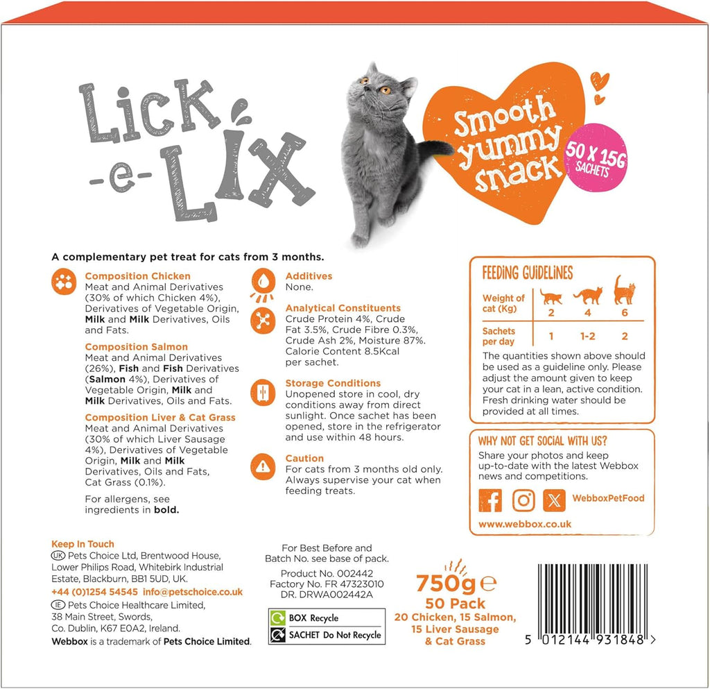 Webbox Lick-e-Lix Cat Treats Variety Mega Pack - Kitten Friendly, Grain Free, No Artificial Preservatives or Colours (50 Pack)
