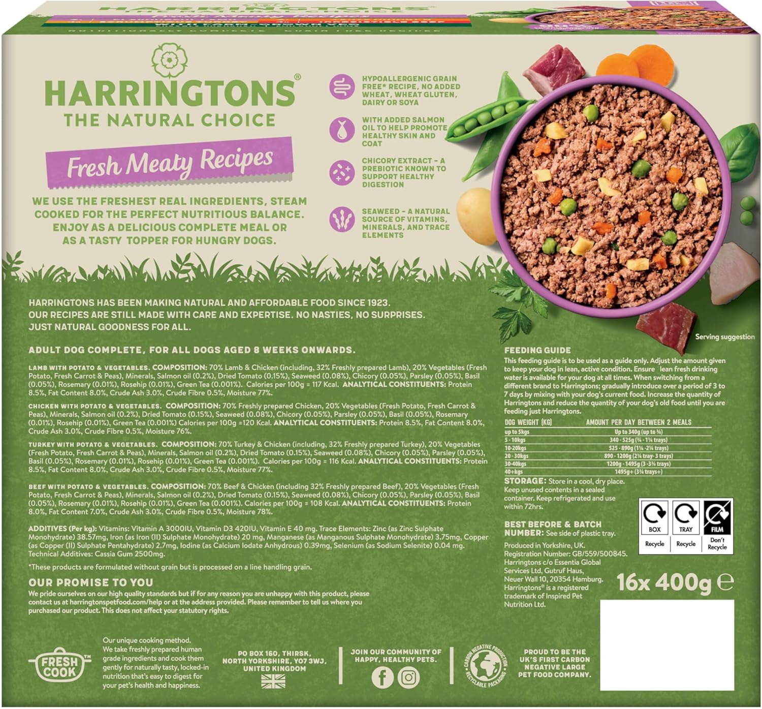 Harringtons Complete Wet Tray Grain Free Hypoallergenic Adult Dog Food Meaty Bumper Pack 16x400g - Chicken, Lamb, Beef & Turkey - Made with All Natural Ingredients (Package may vary)