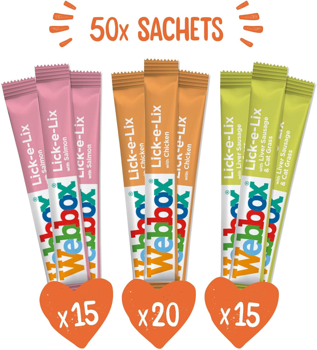 Webbox Lick-e-Lix Cat Treats Variety Mega Pack - Kitten Friendly, Grain Free, No Artificial Preservatives or Colours (50 Pack)