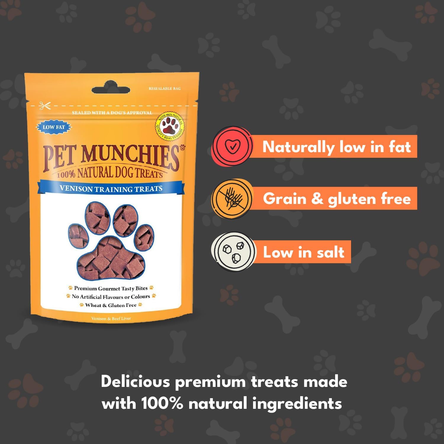 Pet Munchies Venison & Beef Liver Dog Training Treats, Grain Free Tasty Bites with Natural Real Meat, Low in Fat 50g