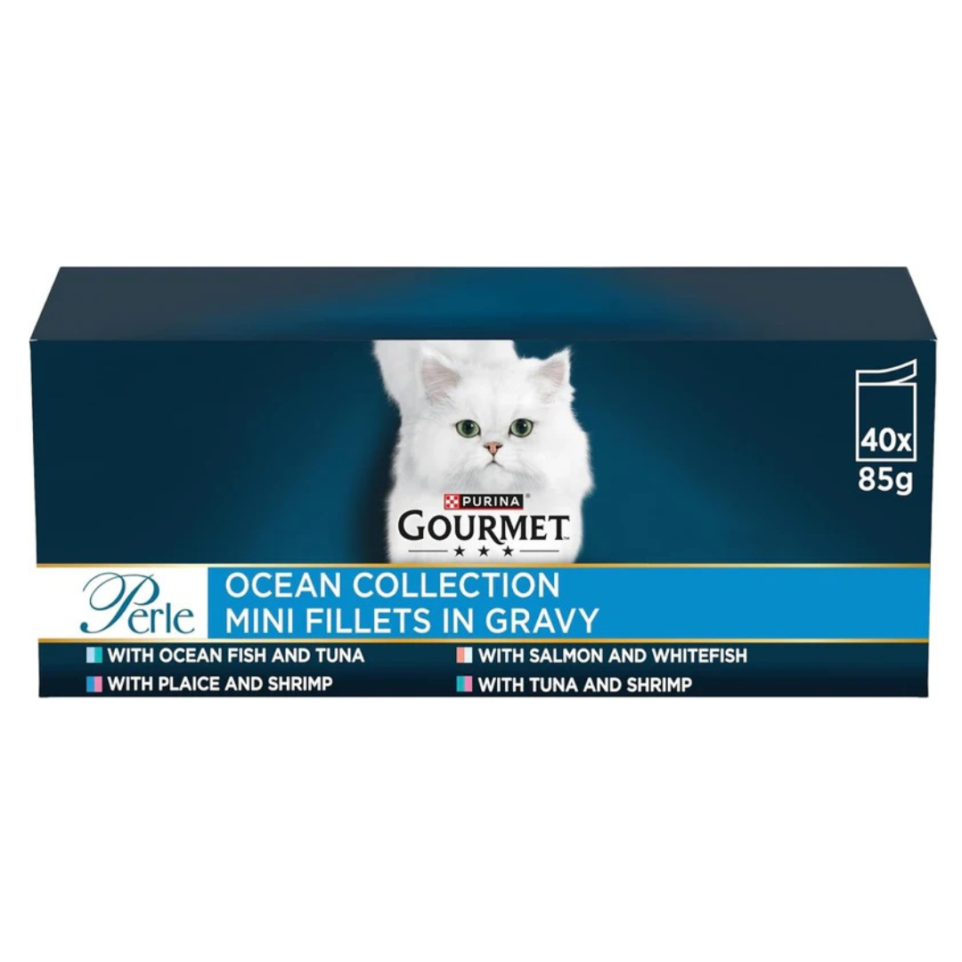 GOURMET Perle Ocean Collection Adult Wet Cat Food Mini Fillets in Gravy Tuna, Shrimp, Plaice, Salmon, White fish, Ocean Fish 40 x 85g Pouches