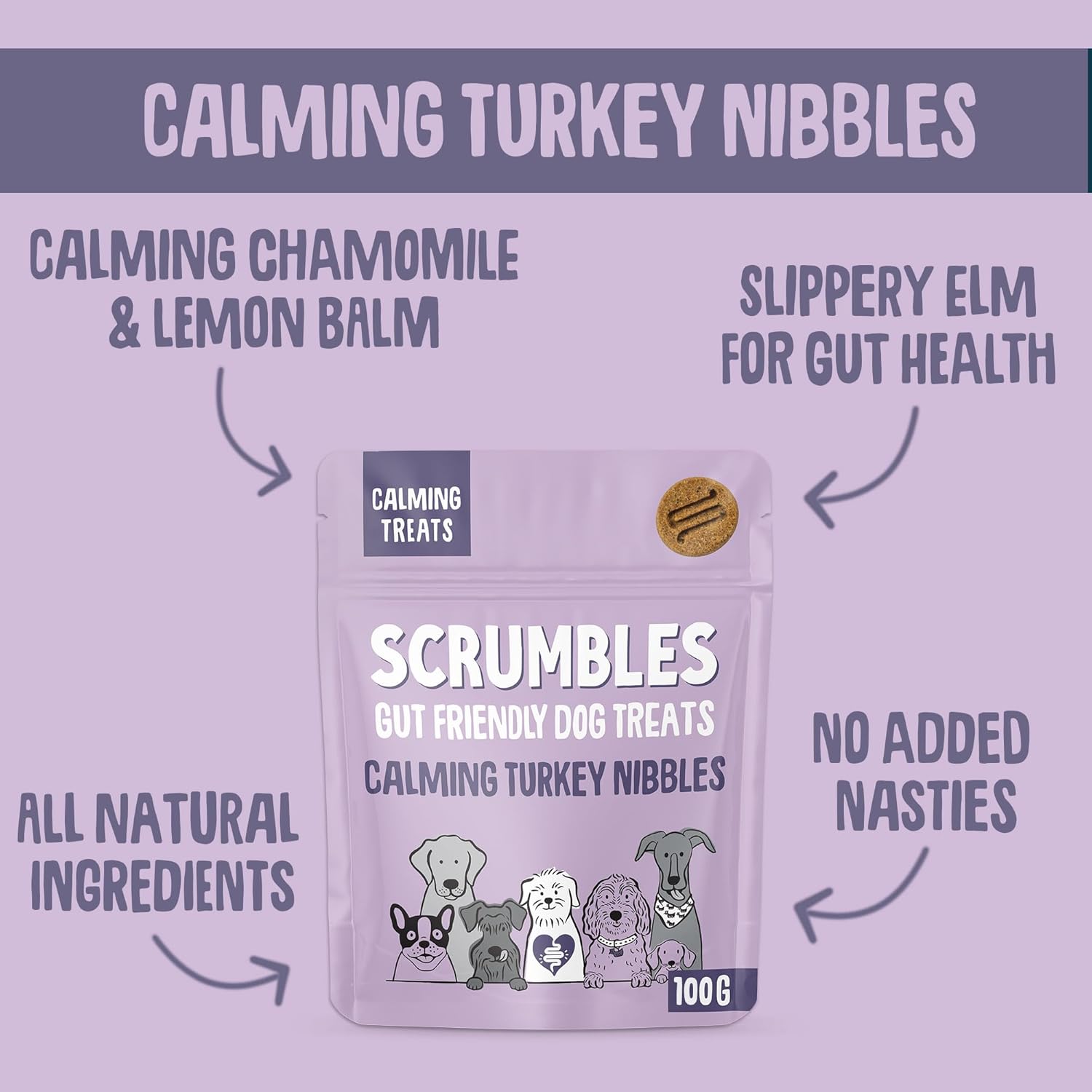 Scrumbles Nibbles, 100% Natural, Calming Dog Treats, Grain Free Turkey Training Treats, 100g pouch