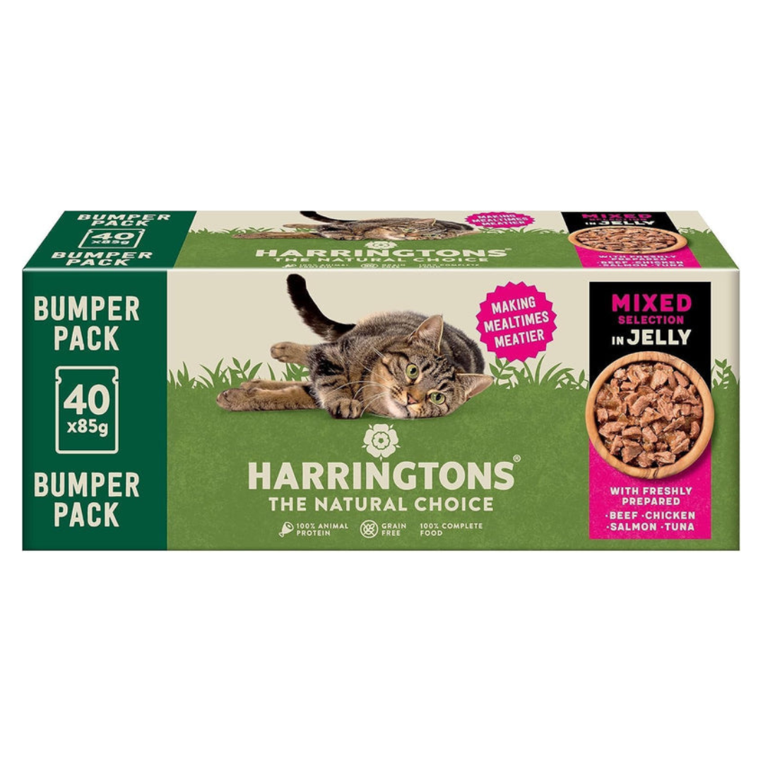 Harringtons Complete Wet Pouch Grain Free Hypoallergenic Adult Cat Food Mixed in Jelly Pack 40x85g - Beef, Chicken, Salmon & Tuna- Making Mealtimes Meatier