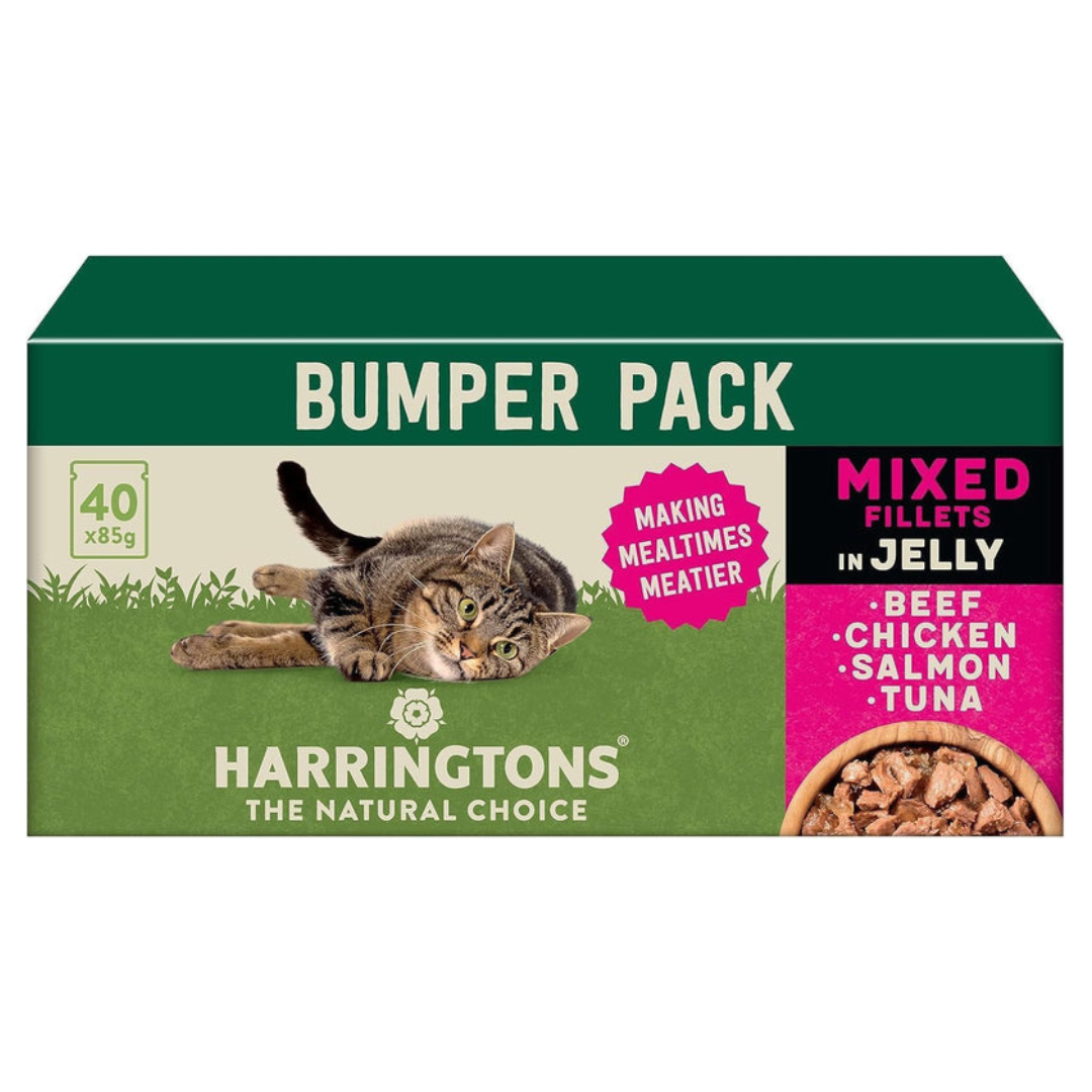Harringtons Complete Wet Pouch Grain Free Hypoallergenic Adult Cat Food Mixed in Jelly Pack 40x85g - Beef, Chicken, Salmon & Tuna- Making Mealtimes Meatier