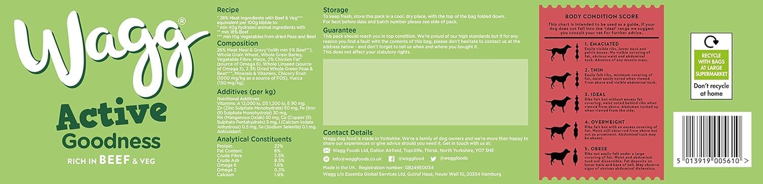 Wagg Active Goodness Complete Dry Adult Dog Food Beef & Veg 12kg - For All Active Working Dog Breeds