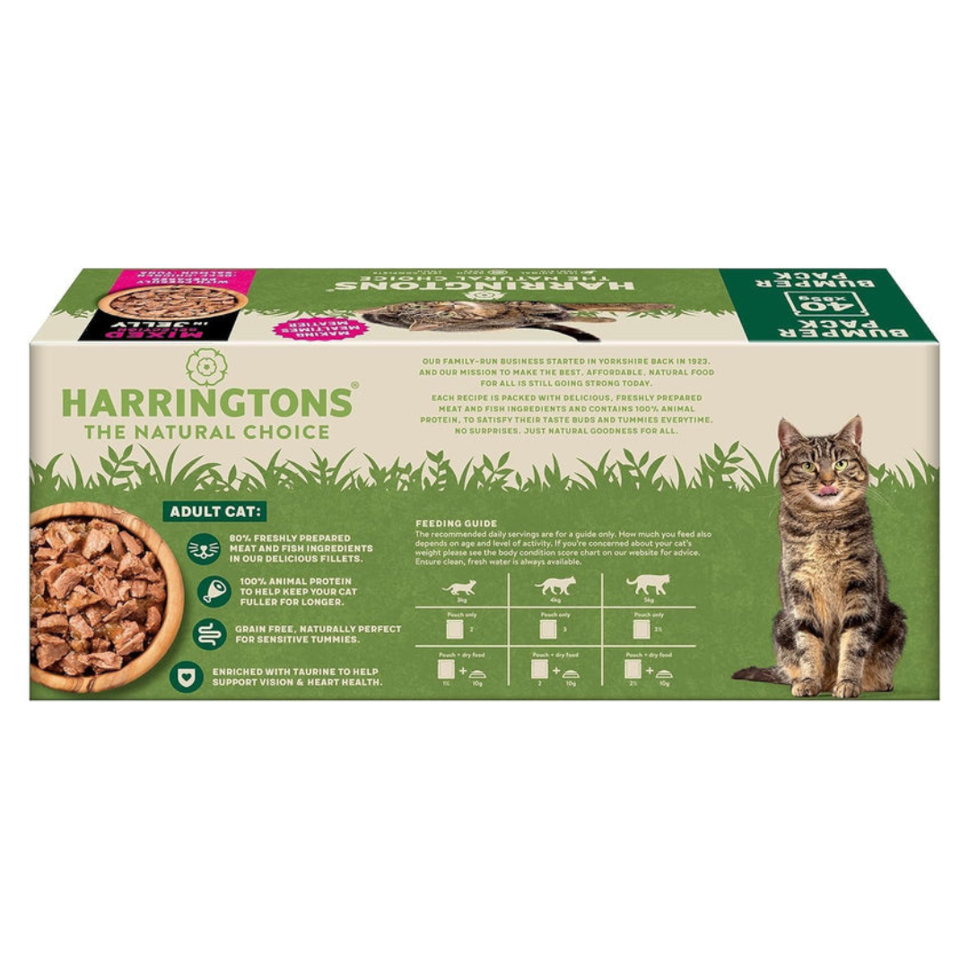 Harringtons Complete Wet Pouch Grain Free Hypoallergenic Adult Cat Food Mixed in Jelly Pack 40x85g - Beef, Chicken, Salmon & Tuna- Making Mealtimes Meatier