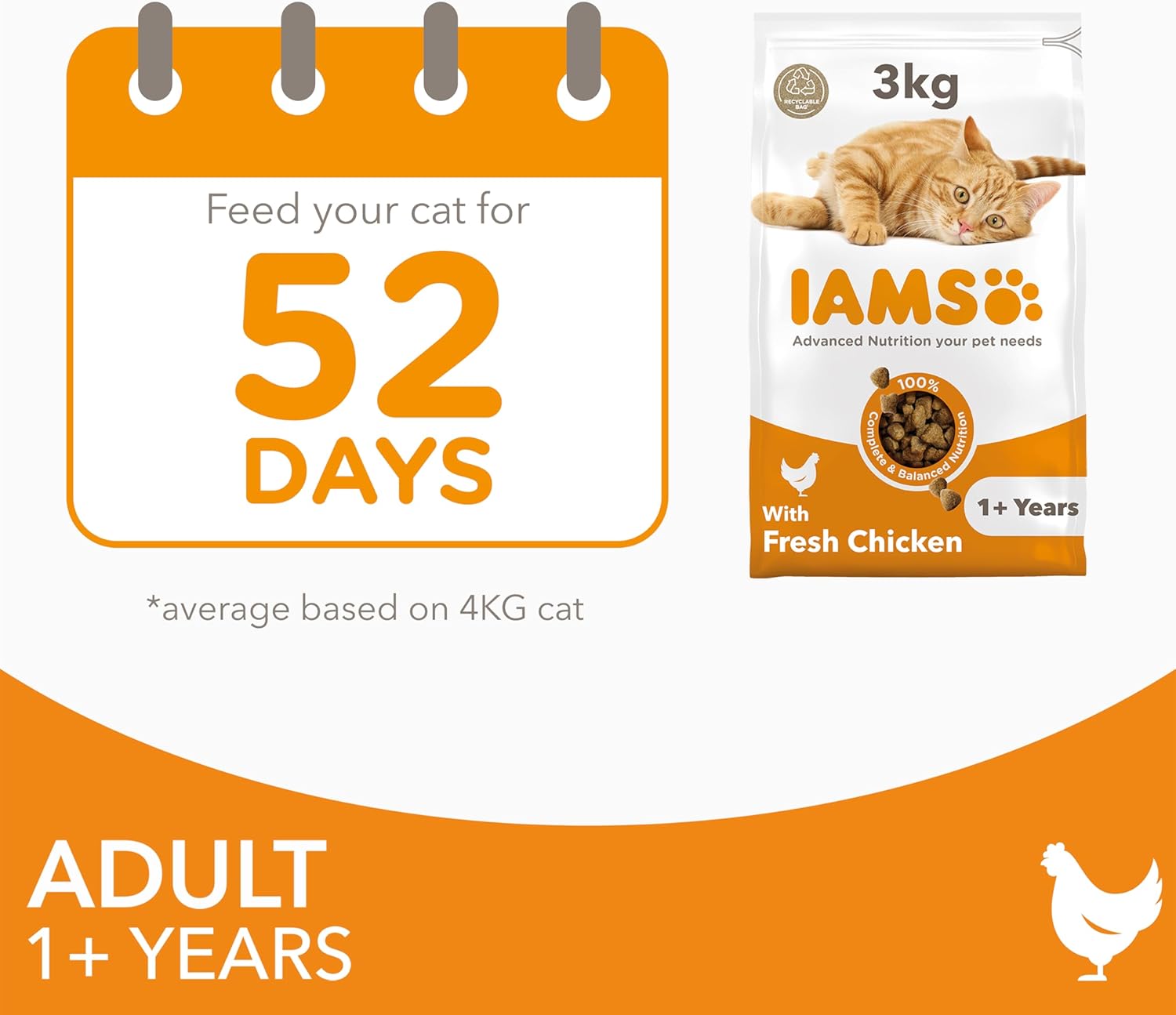 IAMS Adult Complete Dry Cat Food Chicken 3kg - Supports Strong Immune System
