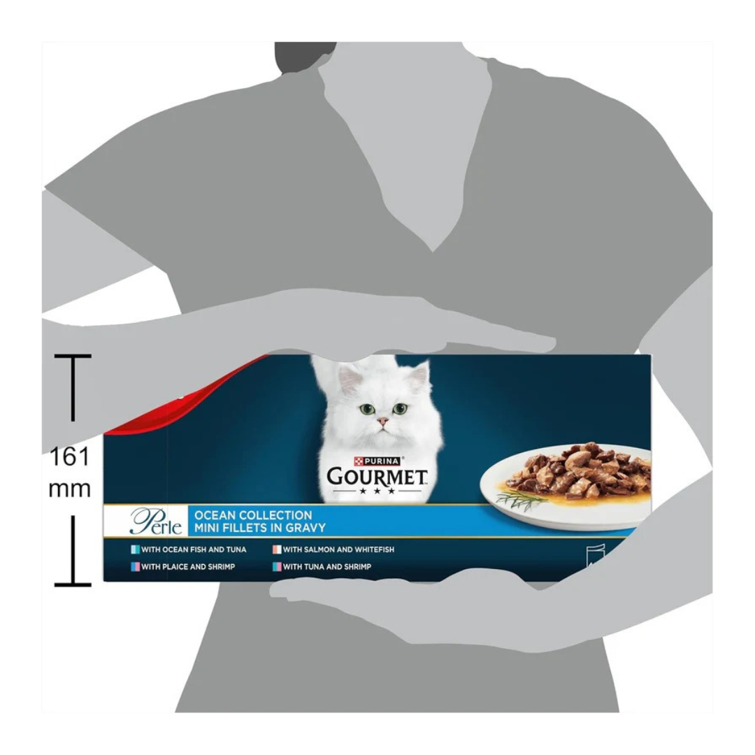 GOURMET Perle Ocean Collection Adult Wet Cat Food Mini Fillets in Gravy Tuna, Shrimp, Plaice, Salmon, White fish, Ocean Fish 40 x 85g Pouches