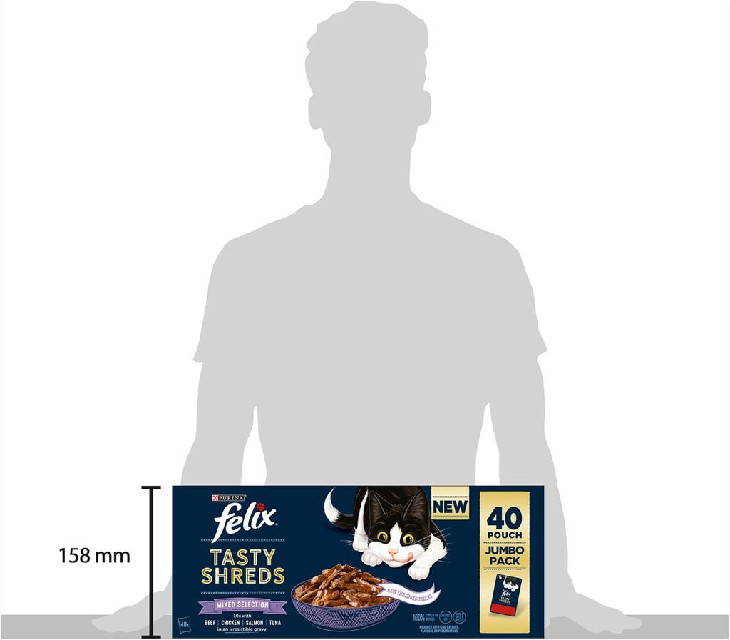 FELIX Tasty Shreds Adult Wet Cat Food Mixed Selection in Gravy Chicken, Beef, Tuna, Salmon 40 x 80g Pouches