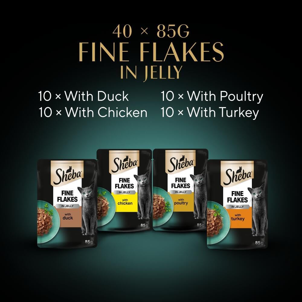 Sheba Fine Flakes in Jelly – Poultry Collection – Wet cat food pouches for adult cats – 40x85g pack