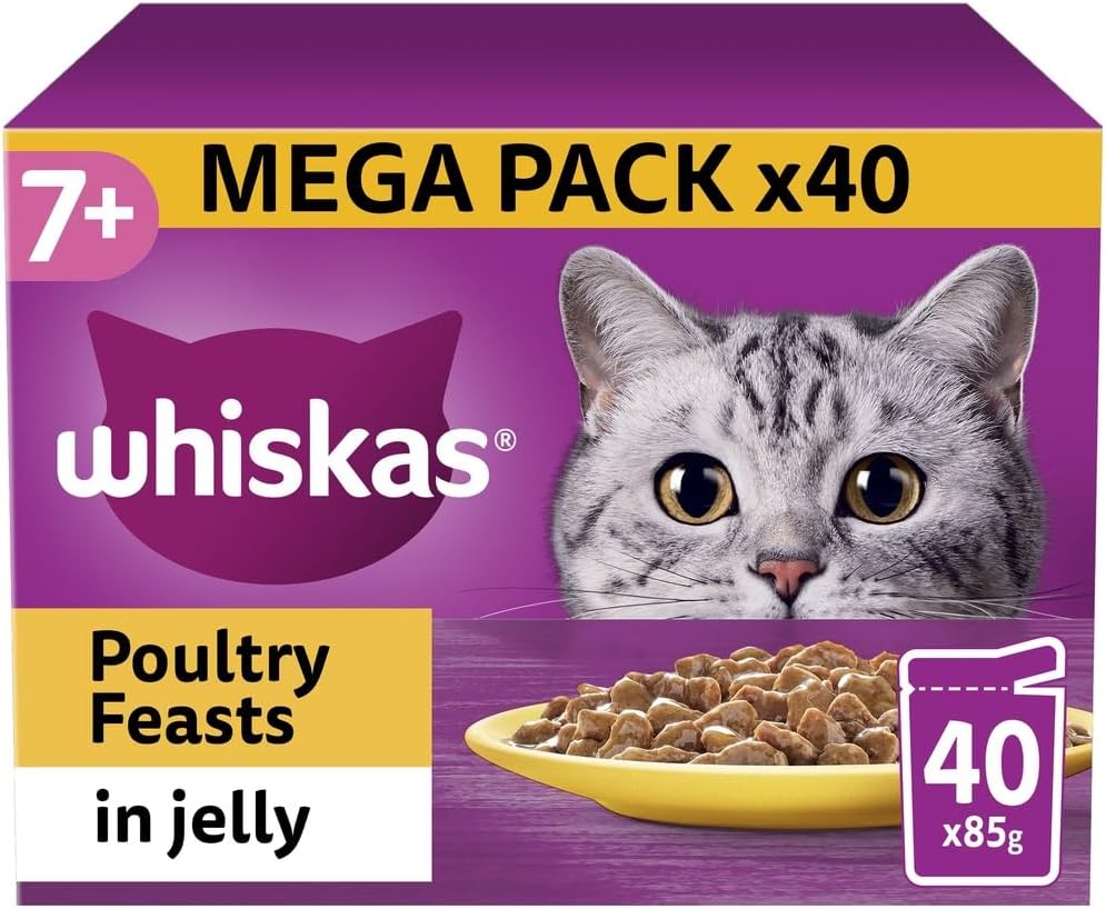 WHISKAS - 7+- Senior Wet Cat Food Pouches - 40 x 85 g - Poultry in Jelly - Bulk Cat Food Megapack - 40 Pouches