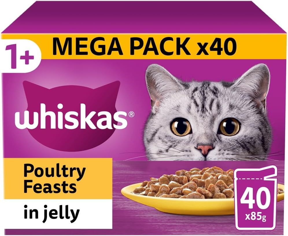 WHISKAS - 1+ Adult Wet Cat Food Pouches - 40 x 85 g - Poultry Selection - Bulk Cat Food Megapack - 40 Jelly Pouches