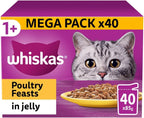 WHISKAS - 1+ Adult Wet Cat Food Pouches - 40 x 85 g - Poultry Selection - Bulk Cat Food Megapack - 40 Jelly Pouches