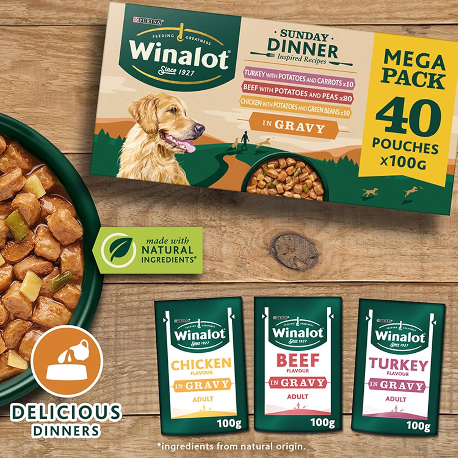 WINALOT Sunday Dinner Mixed in Gravy Wet Dog Food Pouches 40x100g