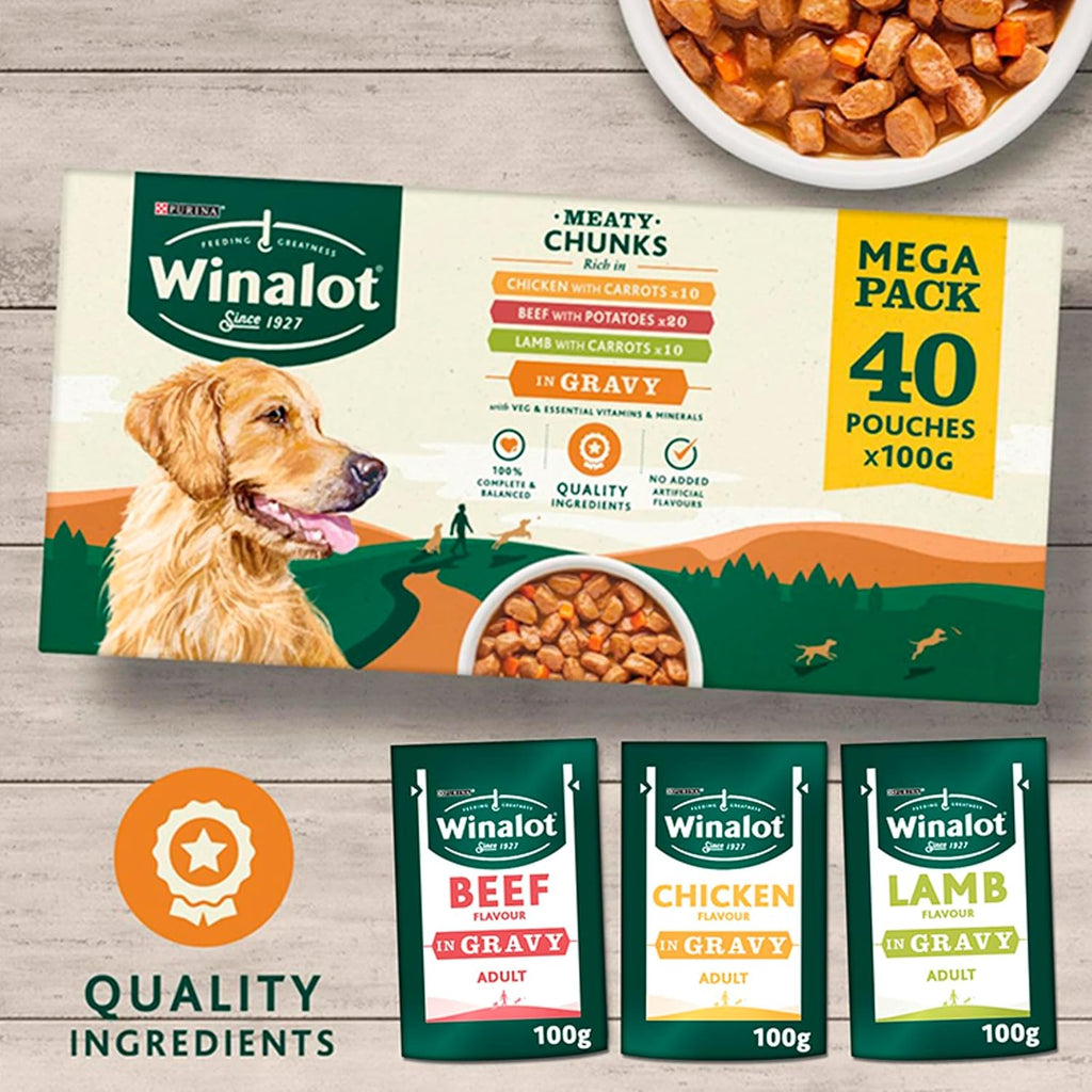 WINALOT Meaty Chunks Mixed in Gravy Wet Dog Food Pouches 40x100g
