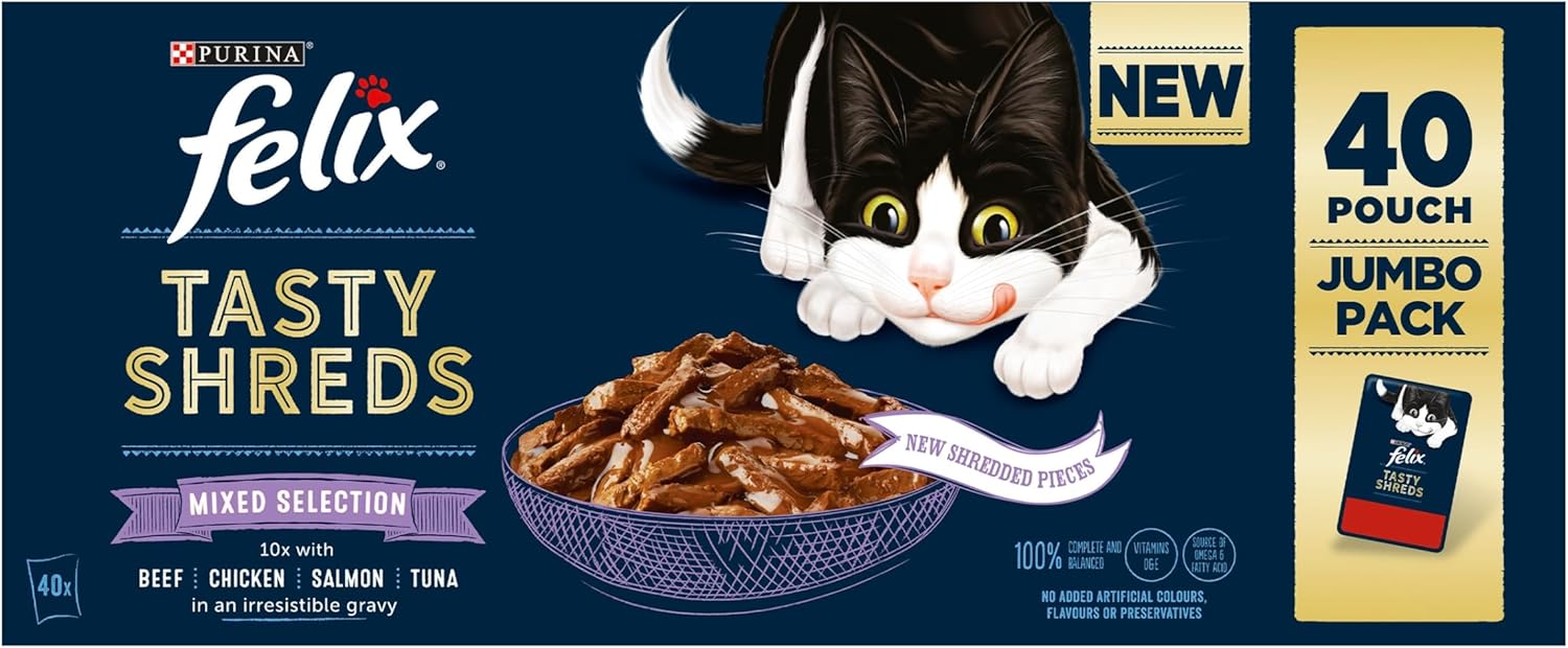 FELIX Tasty Shreds Adult Wet Cat Food Mixed Selection in Gravy Chicken, Beef, Tuna, Salmon 40 x 80g Pouches