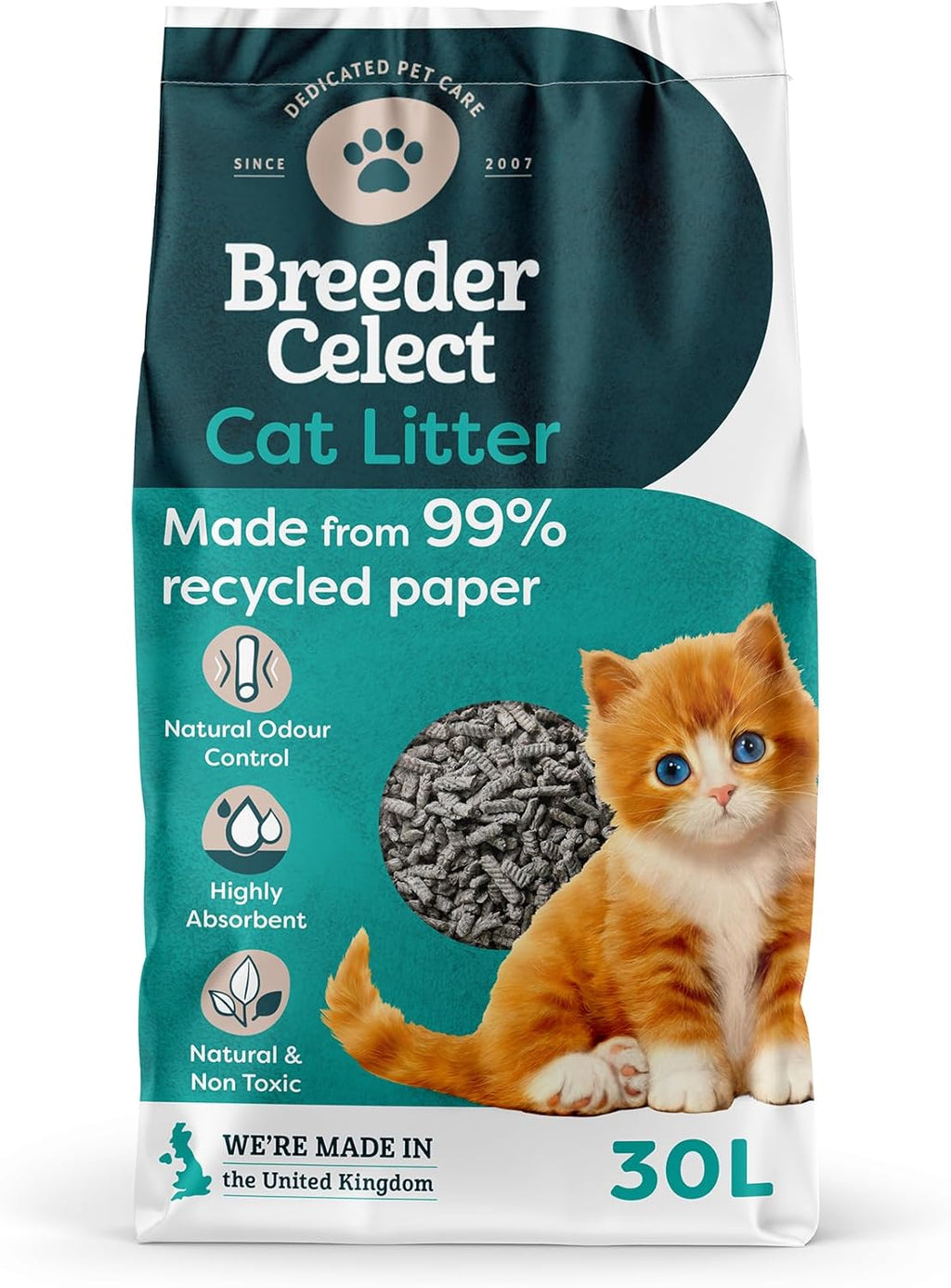 Breeder Celect All-Natural Cat Litter (30L) – 99% Recycled Paper, Highly Absorbent Kitten Cat Litter/Bedding, Excellent Odour Control, Non-Clumping, Biodegradable & Compostable