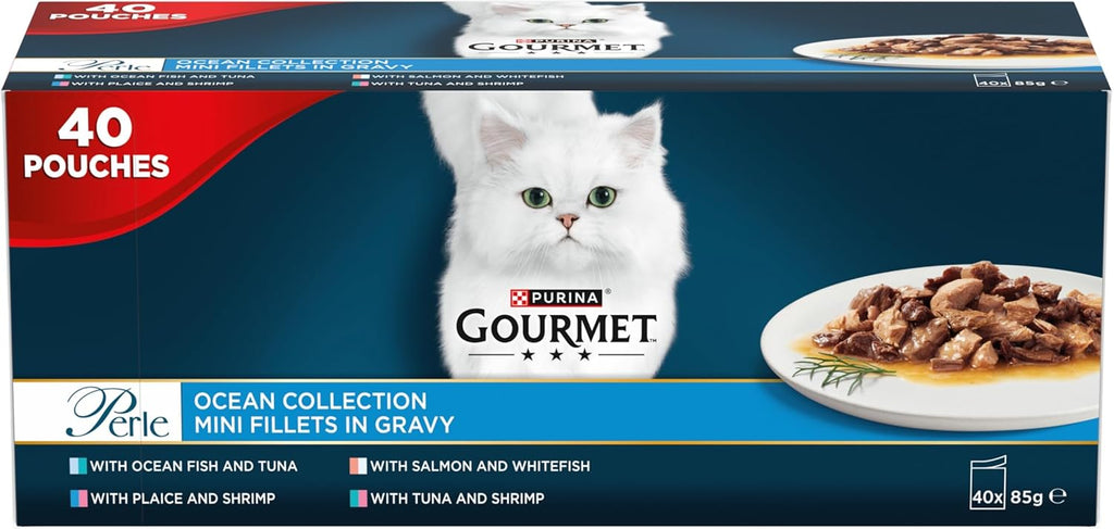 GOURMET Perle Ocean Collection Adult Wet Cat Food Mini Fillets in Gravy Tuna, Shrimp, Plaice, Salmon, White fish, Ocean Fish 40 x 85g Pouches