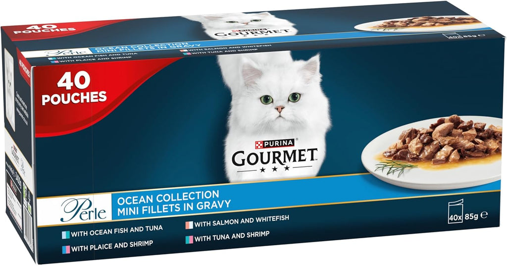 GOURMET Perle Ocean Collection Adult Wet Cat Food Mini Fillets in Gravy Tuna, Shrimp, Plaice, Salmon, White fish, Ocean Fish 40 x 85g Pouches