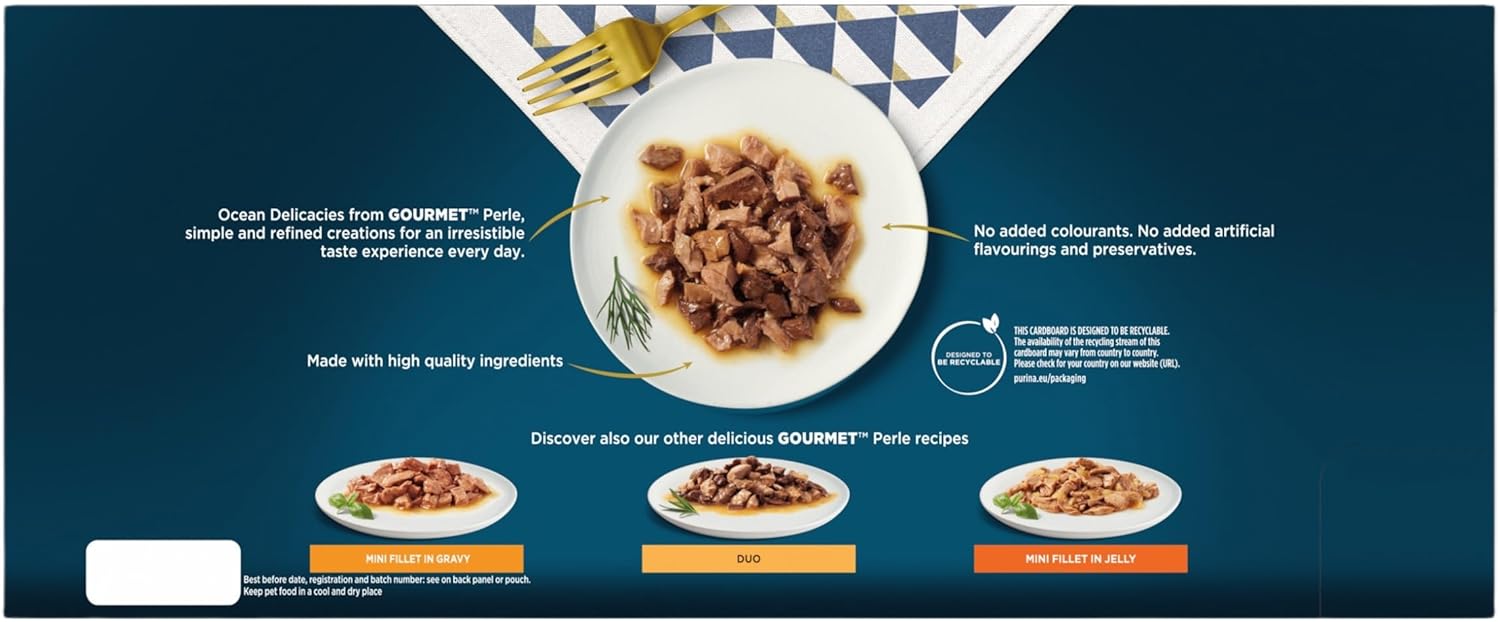 GOURMET Perle Ocean Collection Adult Wet Cat Food Mini Fillets in Gravy Tuna, Shrimp, Plaice, Salmon, White fish, Ocean Fish 40 x 85g Pouches
