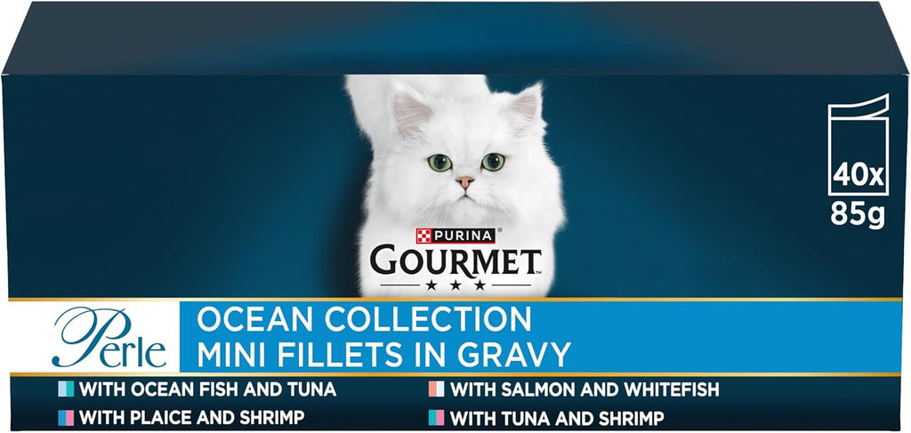 GOURMET Perle Ocean Collection Adult Wet Cat Food Mini Fillets in Gravy Tuna, Shrimp, Plaice, Salmon, White fish, Ocean Fish 40 x 85g Pouches
