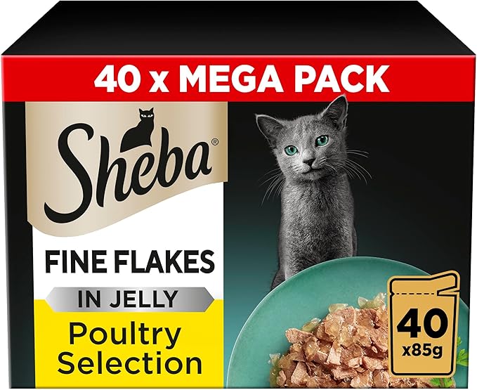 Sheba Fine Flakes in Jelly – Poultry Collection – Wet cat food pouches for adult cats – 40x85g pack