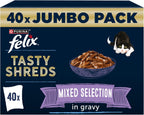 FELIX Tasty Shreds Adult Wet Cat Food Mixed Selection in Gravy Chicken, Beef, Tuna, Salmon 40 x 80g Pouches