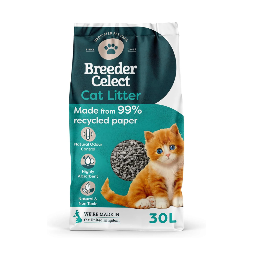 Breeder Celect All-Natural Cat Litter (30L) – 99% Recycled Paper, Highly Absorbent Kitten Cat Litter/Bedding, Excellent Odour Control, Non-Clumping, Biodegradable & Compostable