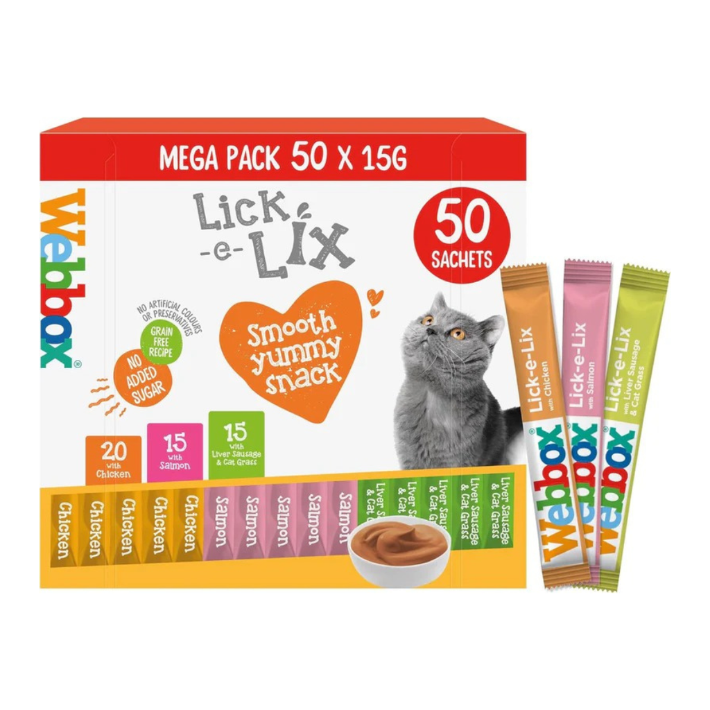 Webbox Lick-e-Lix Cat Treats Variety Mega Pack - Kitten Friendly, Grain Free, No Artificial Preservatives or Colours (50 Pack)