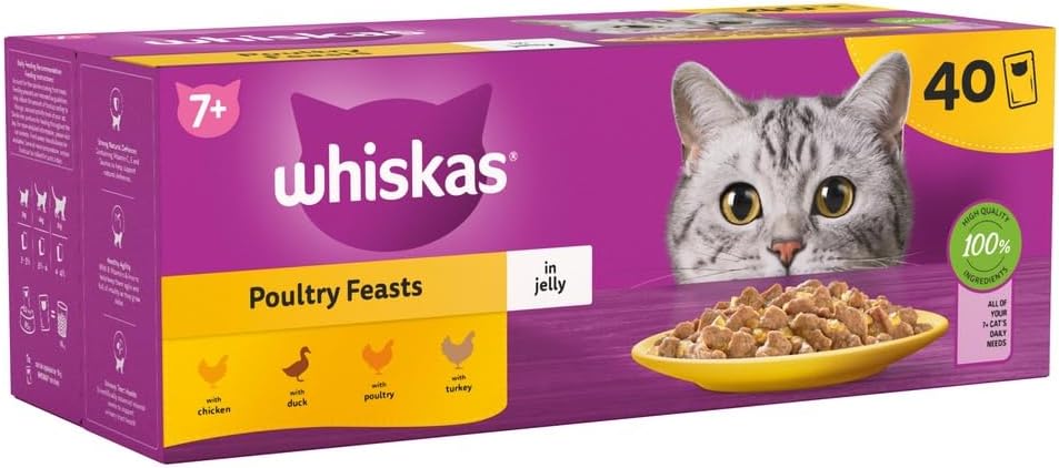 WHISKAS - 7+- Senior Wet Cat Food Pouches - 40 x 85 g - Poultry in Jelly - Bulk Cat Food Megapack - 40 Pouches
